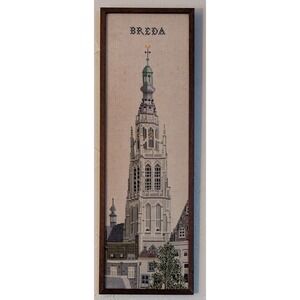 Vintage Framed Cross Stitch Wall Hanging Breda Netherlands Muted Blues & Cream
